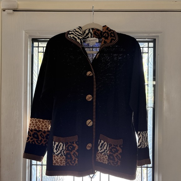 Vintage Rich and Levy Cardigan Sweater Womens Black&Red Gold Pearl Buttons Sz L - Picture 13 of 14